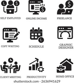 Freelance icon set.Productivity Icons A Clean and Stylish Collection.Containing work online, freelancer, laptop, home office, client meeting, self-employed, graphic designer and more.