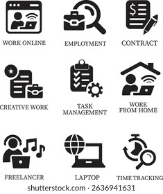 Freelance icon set.Productivity Icons A Clean and Stylish Collection.Containing work online, freelancer, laptop, home office, client meeting, self-employed, graphic designer and more.