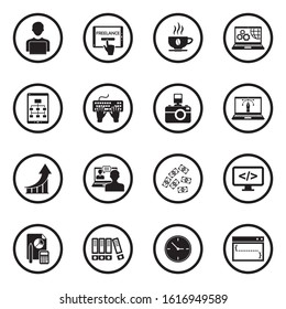 Freelance Icons. Black Flat Design In Circle. Vector Illustration.