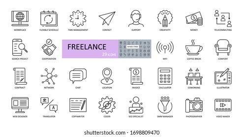 Freelance icons. Editable stroke vector set includes workplace, flexible schedule, project search, comfort, time management, money, telecommuting, creativity, money, support, network, contact, wifi