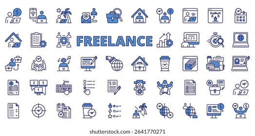 Freelance icons in line design blue. Freelance, remote work, digital nomad, laptop, home office, flexibility, self-employed on white background vector. Freelance editable stroke icons