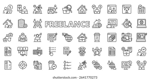 Freelance icons in line design. Freelance, remote work, digital nomad, laptop, home office, flexibility, self-employed on white background vector. Freelance editable stroke icons