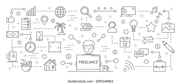 Freelance icons set. Line art on white background.