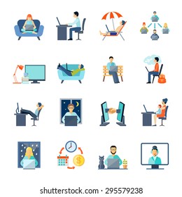 Freelance icons set with working at home rest and laptop flat isolated vector illustration 