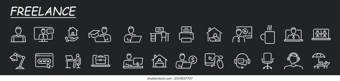 Ícones Freelance. Conjunto de ícones simples de ícones de linha vetorial relacionados ao local de trabalho. contém ícones como trabalho remoto, coworking, videoconferência e muito mais.