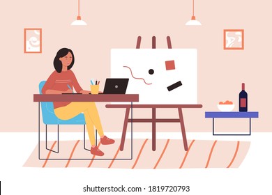 Freelance illustrator art work flat vector illustration. Cartoon happy young woman freelancer artist designer character working with laptop, sitting at home desk workplace, digital design background