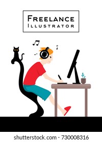 Freelance Illustrator Design Character Dude Work from Home Character Vector Art Design Illustration
