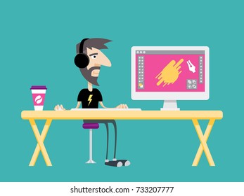 Freelance Illustrator Designer Character Dude Work from Home Character and Application on Table Top Monitor Interface Vector Art Design Illustration