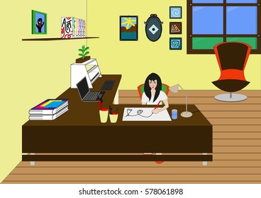 freelance illustrator working on her new project in workplace room