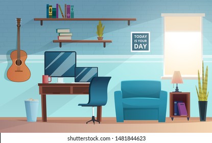 Freelance interior. Working place of student office vector home modern freelance workspace computer table sofa