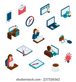 Freelance isometric 3d icons set with time management working with data and creative process isolated vector illustration