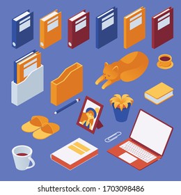 Freelance isometric collection. Notebook, cat, photo phrame, book and home slippers