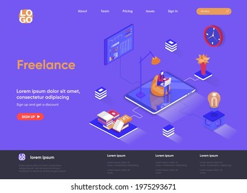 Freelance isometric landing page. Outsourcing services, home office isometry concept. Professional self employed occupation, remote workforce flat web page. Vector illustration with people characters.