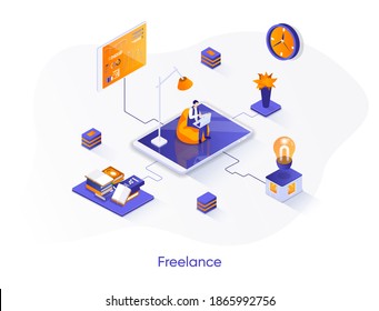 Freelance isometric web banner. Outsourcing development isometry concept. Professional self employed occupation 3d scene, remote workforce flat design. Vector illustration with people characters.