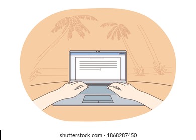 Freelance job, Distant working, online communication concept. Hands of freelancer copywriter working with texts on laptop with palms and summer nature on background illustration 