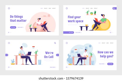 Freelance Job and Hotline Support Service Website Landing Page Set. Character Work at Home. Operator Solve Client Problems in Online or Mobile Chat Web Page Banner. Cartoon Flat Vector Illustration