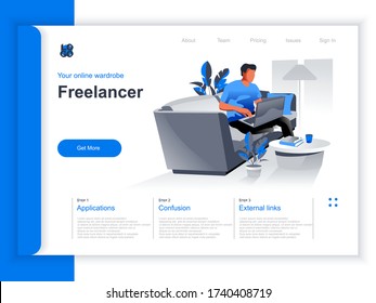 Freelance job isometric landing page. Young man working with laptop in comfortable conditions at home office situation. Remote work at company and self-employed occupation perspective flat design.