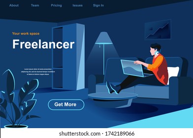 Freelance job isometric landing page. Young man working with laptop at home office website template. Remote work at company and self-employed occupation perspective flat design. Vector illustration.