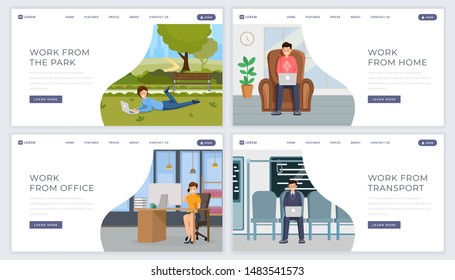 Freelance job landing page template kit. Distance, remote outsource work website homepage flat design layouts set. Freelancers, designers working at home, park and transport color cartoon characters