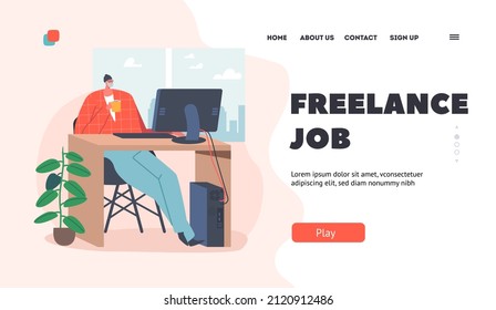 Freelance Job Landing Page Template. Senior Man in Hipster Clothes with Cup of Tea in Hand Sitting at Desk with Computer at Home Interior. Aged Male Character Freelancer. Cartoon Vector Illustration