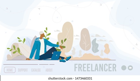 Freelance Job Opportunities Search, Distant Work Offers Online Aggregator Service Flat Vector Web Banner, Landing Page Template. Freelancer Man Sitting on Lawn in Park, Working on Laptop Illustration