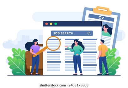 Freelance job seekers, Online job search, Recruitment, Human resources, Job interview, Online job advertisement, People looking for a vacancies, Wanted, Hiring concept flat illustration