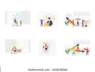 Freelance job set. Artists, designers, sculptors working at home or in studio. Flat vector illustrations. Occupation, art, creative job concept for banner, website design or landing web page