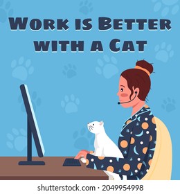 Freelance job social media post mockup. Work is better with a cat phrase. Web banner design template. Remote workplace booster, content layout with inscription. Poster, print ads and flat illustration