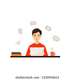 Freelance job vector illustration. man working on internet using laptop and drinking coffee. Work at home.