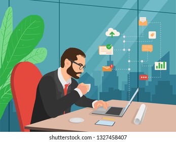 freelance job vector illustration. man working on internet using laptop and drinking coffee. work at home. travel and work