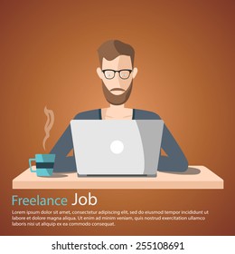 freelance job vector illustration. man working on internet using laptop and drinking coffee. work at home. travel and work