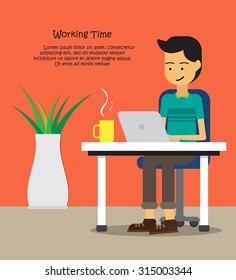 freelance job vector illustration, man working on internet using laptop and drinking coffee, work at home.