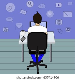 freelance job vector illustration. man working on internet using laptop and drinking coffee. work at home.