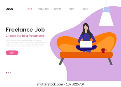 Freelance job website vector. A girl sitting on the sofa works on the laptop. Vector isometric illustration - Vector