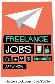 Freelance Jobs. Apply Now!  (Flat Style Vector Illustration Recruitment Hiring Poster Design)