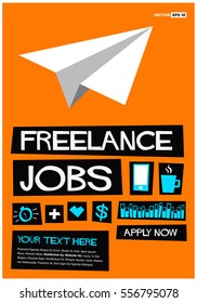 Freelance Jobs. Apply Now!  (Flat Style Vector Illustration Recruitment Hiring Poster Design) With Text Box Template