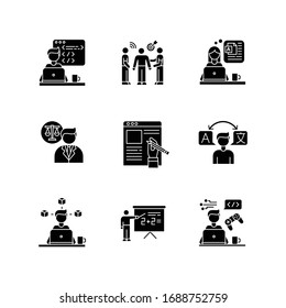 Freelance jobs black glyph icons set on white space. Creative design and translation, teaching, copywriting. PR management, web and game development. Silhouette symbols. Vector isolated illustration