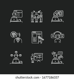 Freelance jobs chalk white icons set on black background. Creative design and translation, teaching and copywriting. Legal services and PR management. Isolated vector chalkboard illustrations