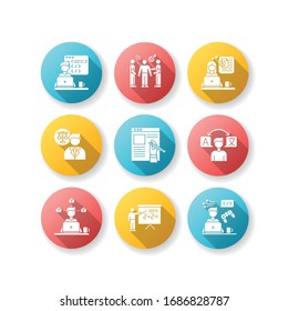 Freelance jobs flat design long shadow glyph icons set. Creative design and translation, teaching. Legal services and PR management, web and game development. Silhouette RGB color illustration
