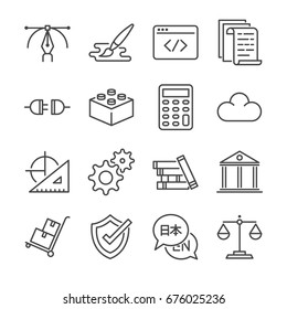 Freelance jobs line icon set 1. Included the icons as graphic design, coding, logistic, translate, web design and more.