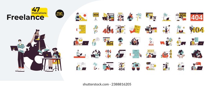 Freelance jobs work from home 2D linear illustration concepts bundle. Diverse freelancers laptops cartoon characters isolated on white. 404 error, abstract flat vector outline graphic collection