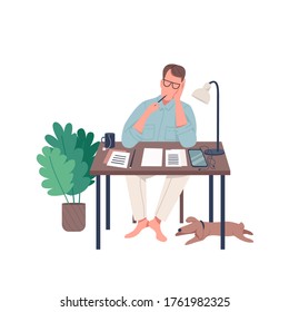 Freelance journalist flat color vector faceless character. Male author think about novel. Writer with essay. Creative hobby isolated cartoon illustration for web graphic design and animation