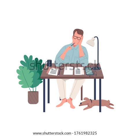 Freelance journalist flat color vector faceless character. Male author think about novel. Writer with essay. Creative hobby isolated cartoon illustration for web graphic design and animation