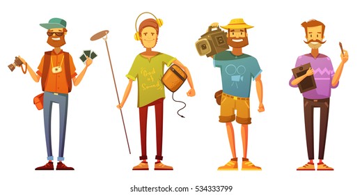 Freelance journalist reporter cameraman and artist dressed casually at work cartoon retro style isolated vector illustration  