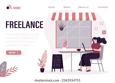Freelance, landing page template. Businesswoman sits at table in street cafe and working on laptop. Morning coffee and work. Smart freelancer sitting in bistro. Remote job, modern technology. vector