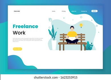 Freelance landing page template. The man who works with a laptop on a lawn chair. Landing page template
