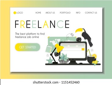 Freelance. Landing page template for online platform. Modern flat design concept of web page design with desktop. Workplace with toucan, lamp, tropical cocktail, cacti and computer. Cute vector