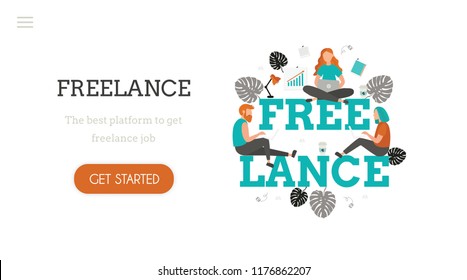 Freelance. Landing page template for online platform. Modern flat design concept of web page design with cute young woman and man at work. Office workers. Workplace with  lamp, coffee