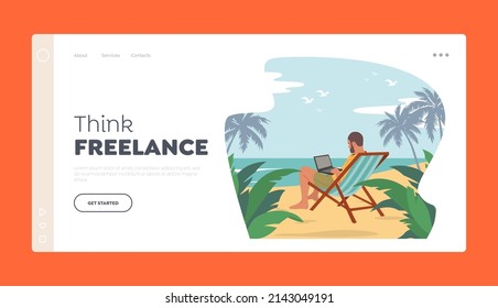 Freelance Landing Page Template. Relaxed Businessman in Summer Wear Sitting on Daybed on Exotic Tropical Beach with Palm Trees Working on Laptop, Distant Employee. Cartoon People Vector Illustration