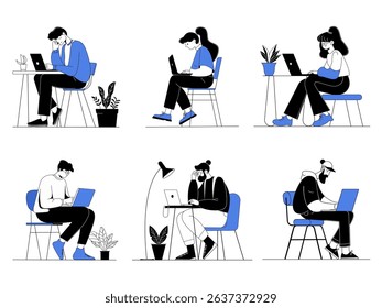Freelance Laptop Technology Icons. Modern Database. Flat Style Isolated vector. Online Training Computer Work, Remote Office Desk Workspace Illustration. Technology Digital System Software. Minimalist